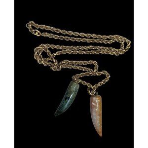Vintage Dual Carved Stone Fang Pendant Necklace